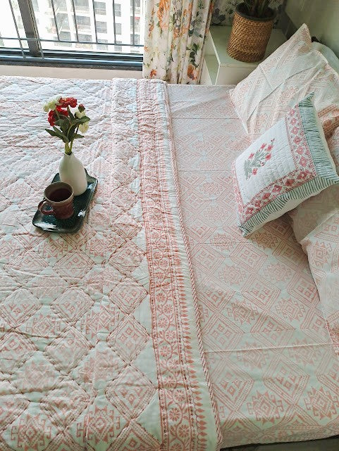 HAND BLOCK PRINT DOUBLE BEDSHEET AND QUILT BEDDING SET