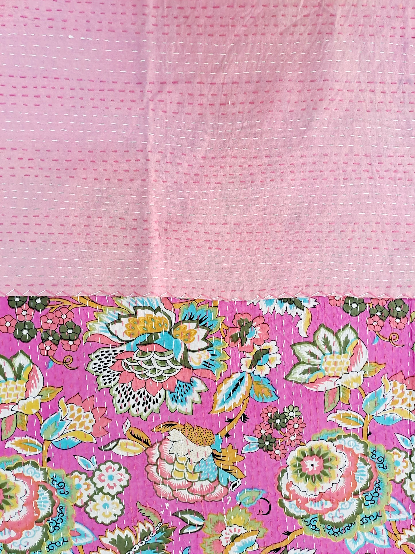 PINK KANTHA COTTON DOUBLE BED COVER