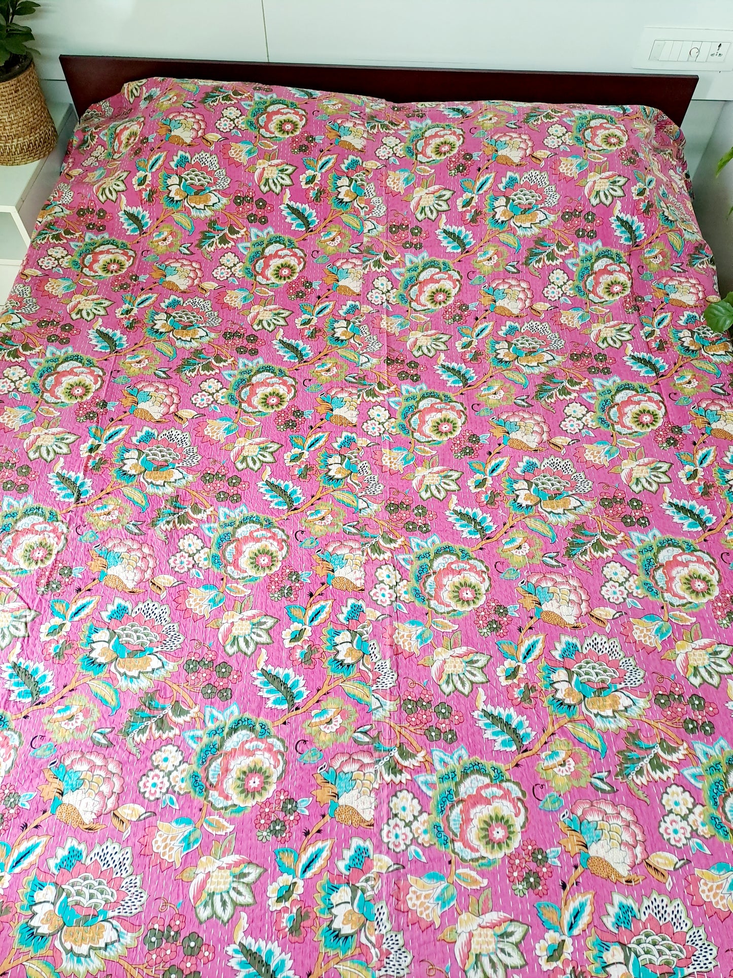 PINK KANTHA COTTON DOUBLE BED COVER
