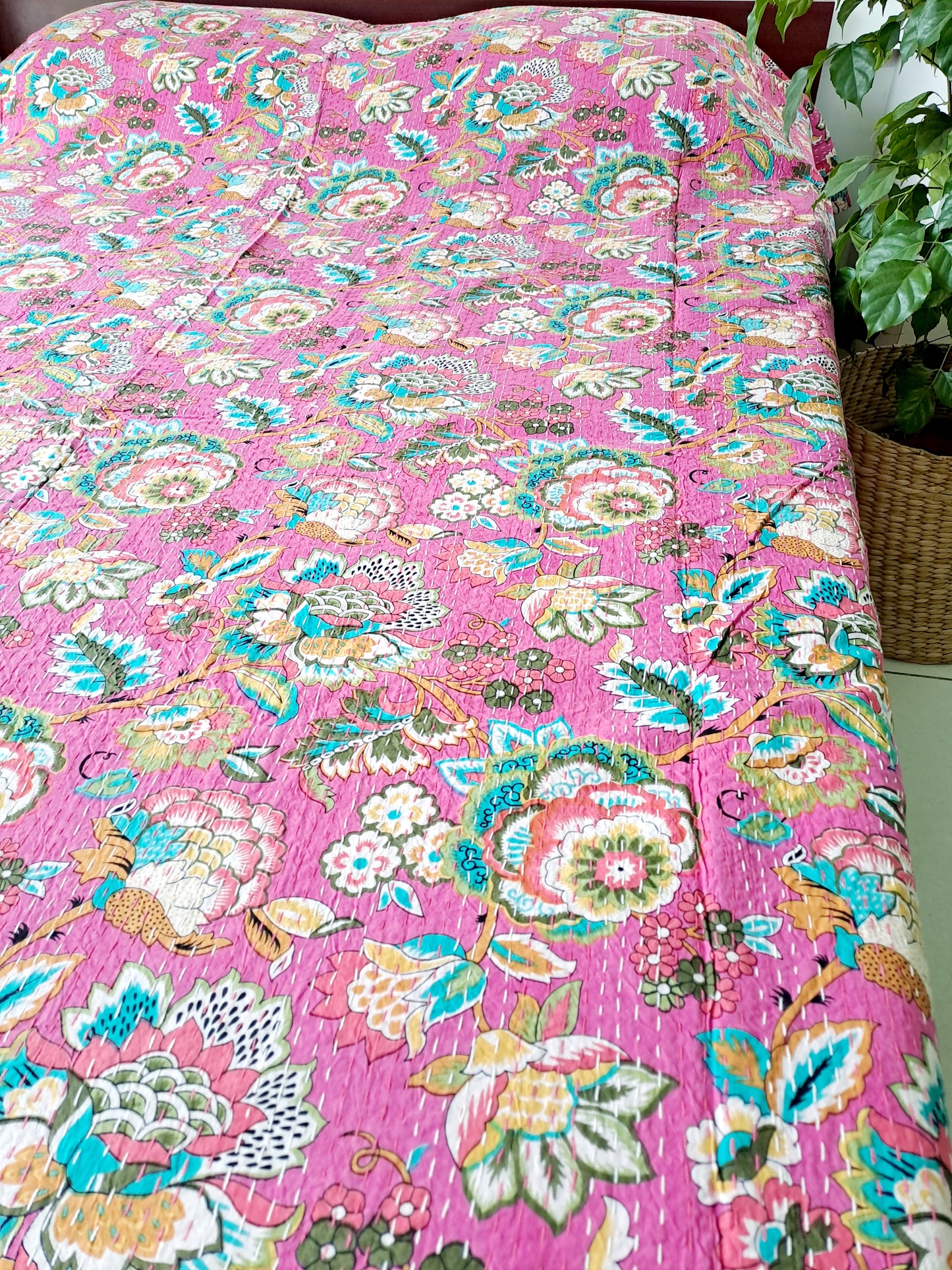 PINK KANTHA COTTON DOUBLE BED COVER
