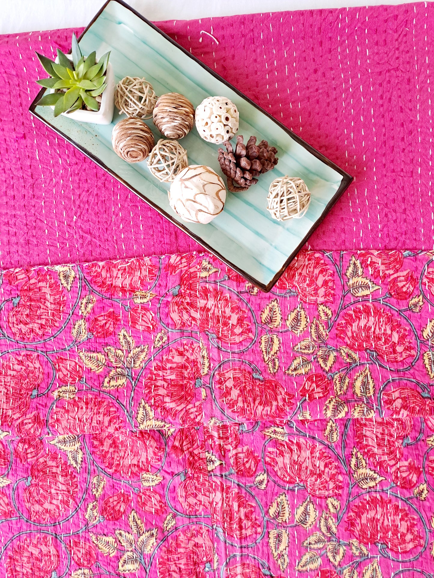 RED KANTHA COTTON DOUBLE BED COVER