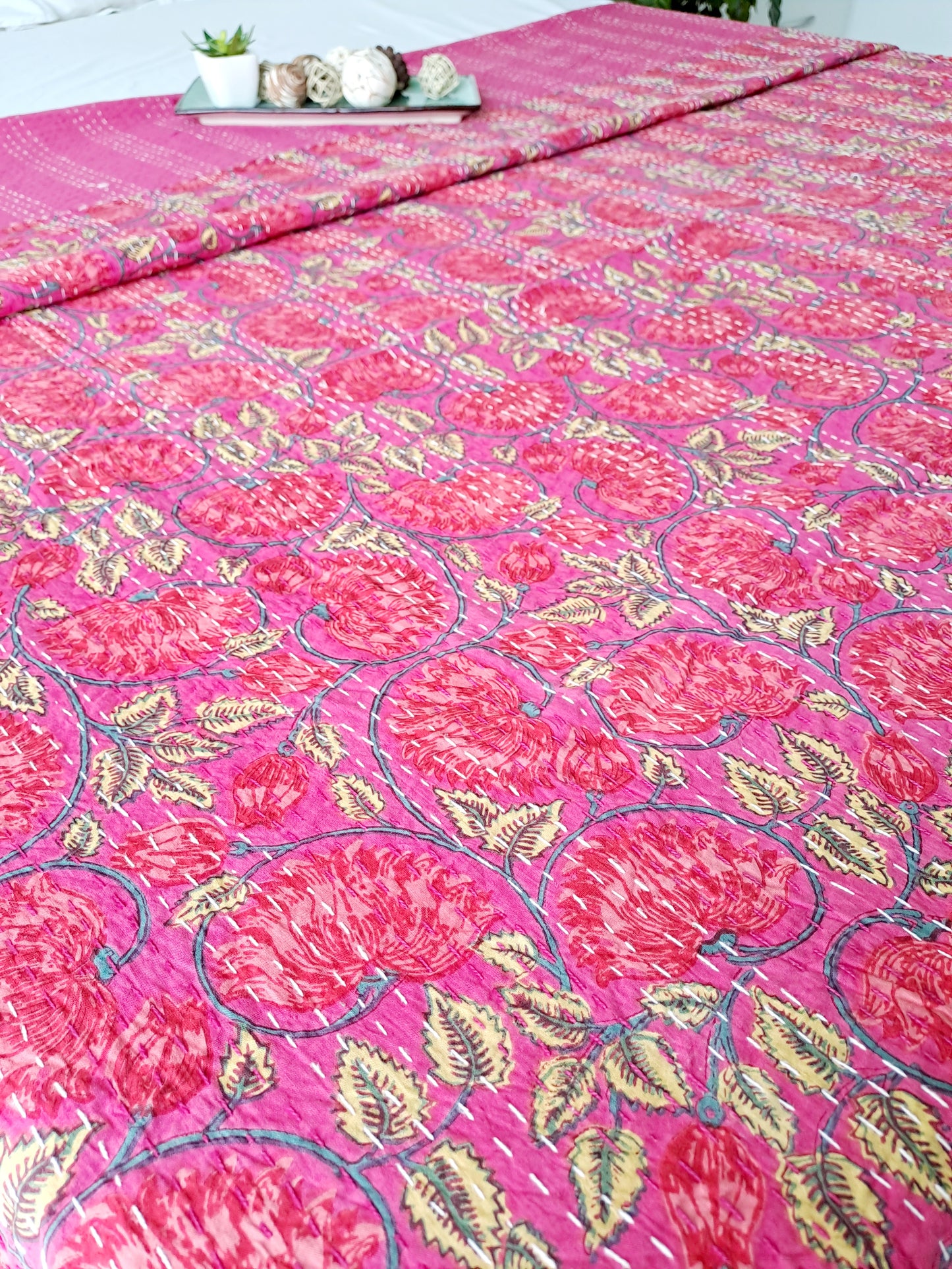 RED KANTHA COTTON DOUBLE BED COVER