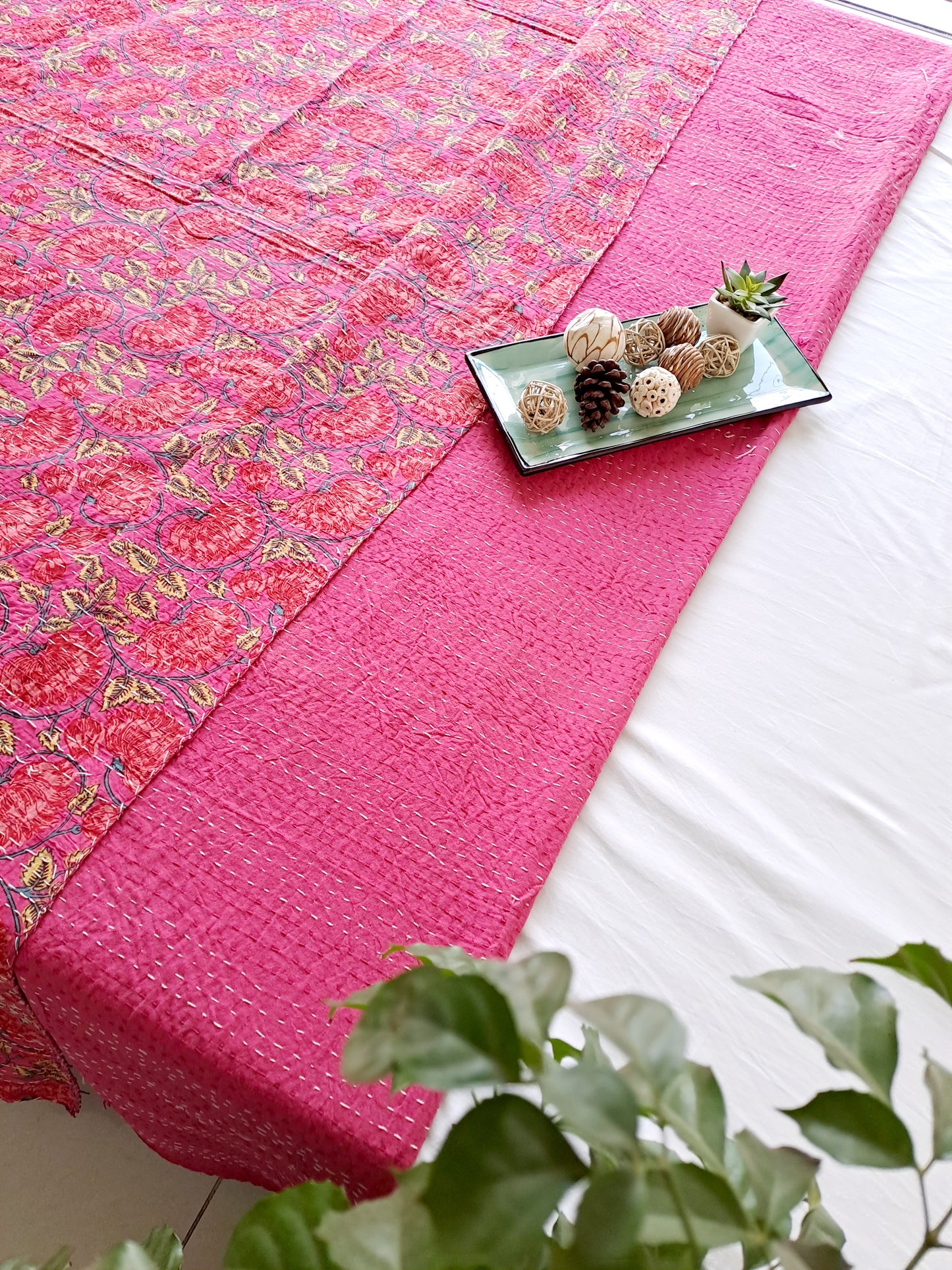 RED KANTHA COTTON DOUBLE BED COVER