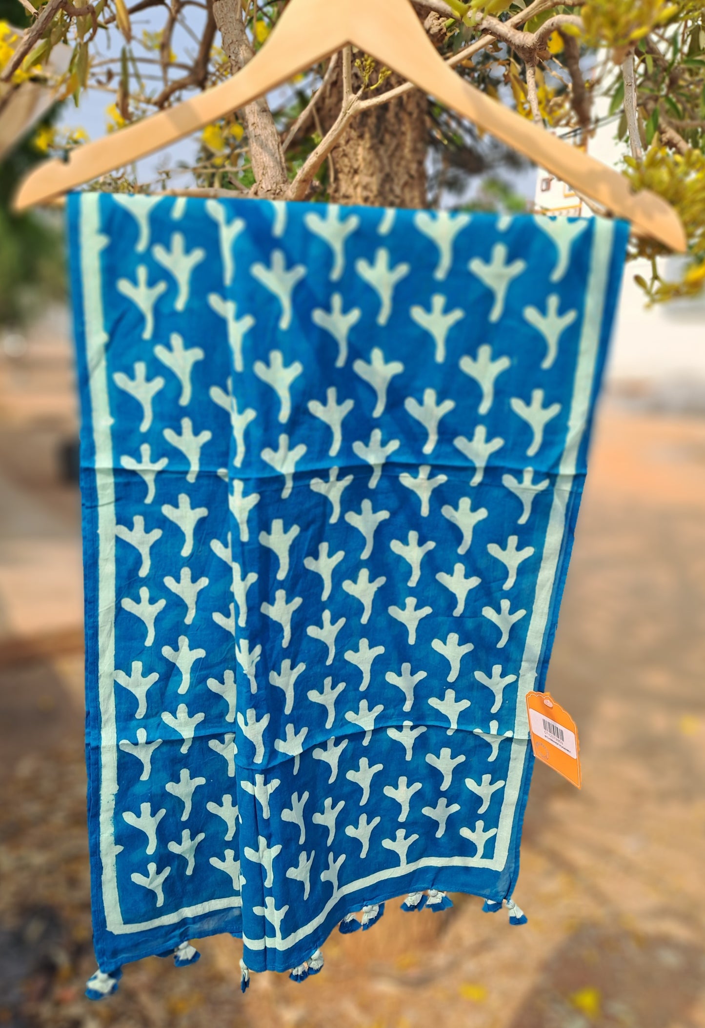 MULMUL COTTON BLOCK PRINT BLUE STOLE