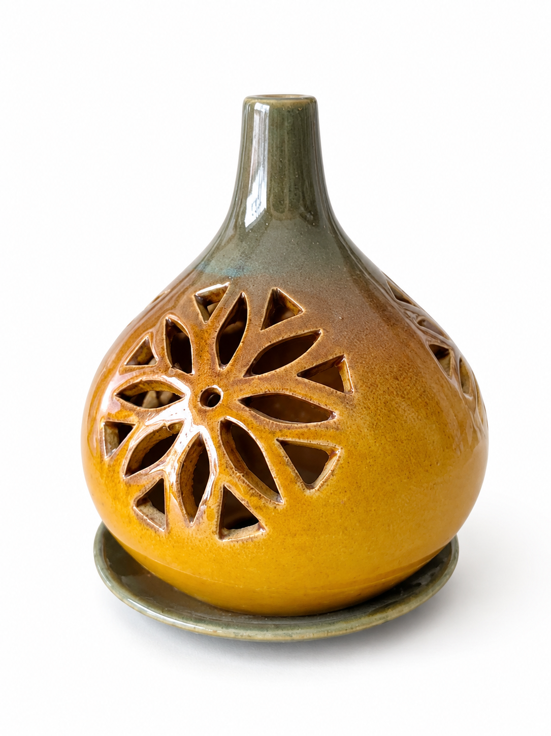 MUSTARD AND GREEN CONICAL CERAMIC T-LIGHT HOLDER
