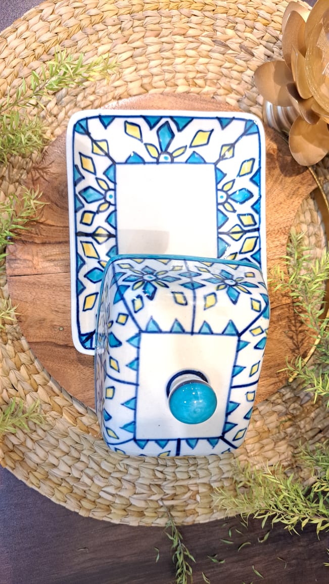 HAND PAINTED BLUE CERAMIC / POTTERY BUTTER DISH