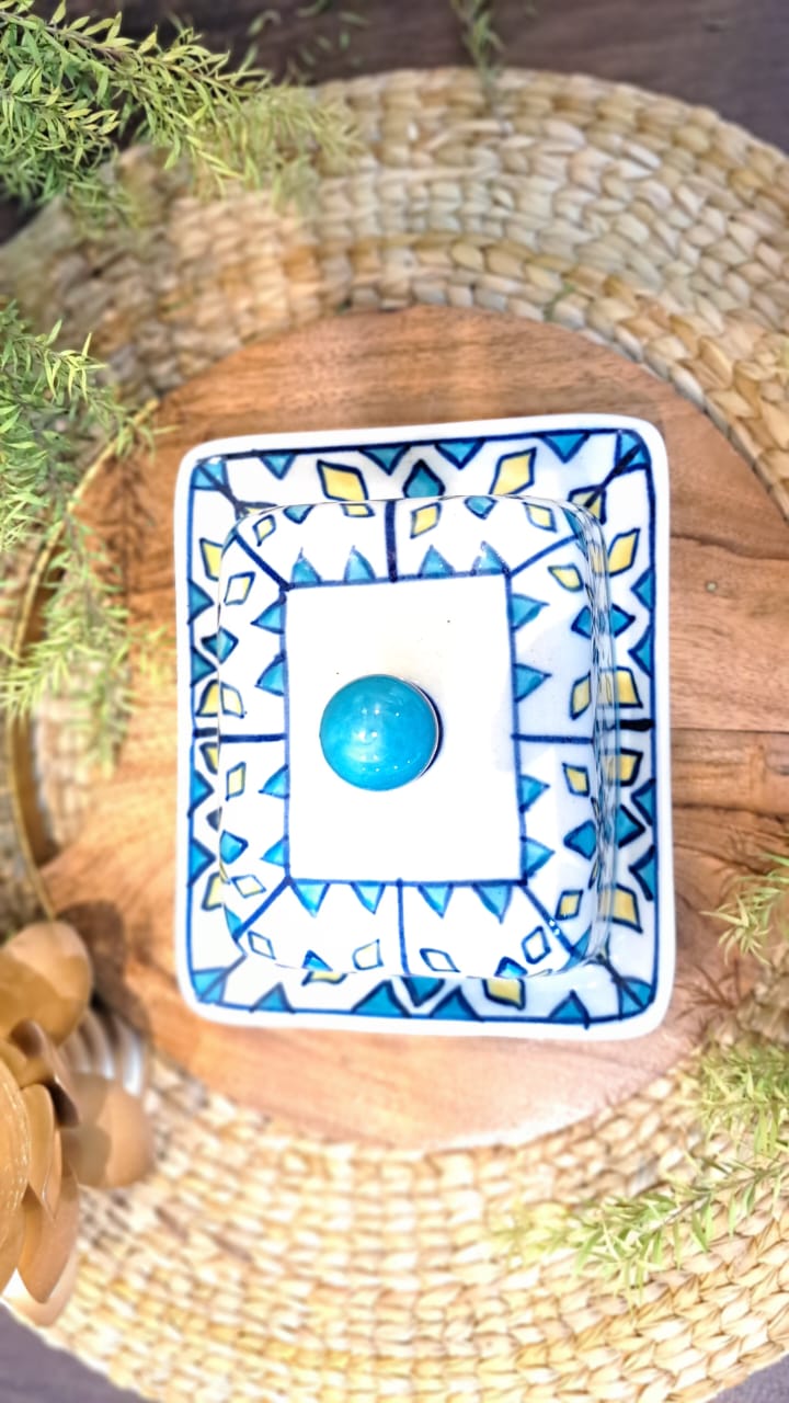 HAND PAINTED BLUE CERAMIC / POTTERY BUTTER DISH