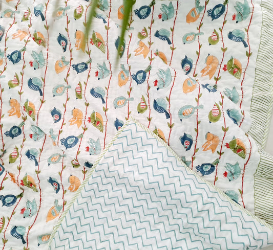 HANDBLOCK PRINTED REVERSIBLE COTTON KIDS (SINGLE) QUILT