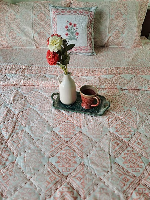 HAND BLOCK PRINT DOUBLE BEDSHEET AND QUILT BEDDING SET