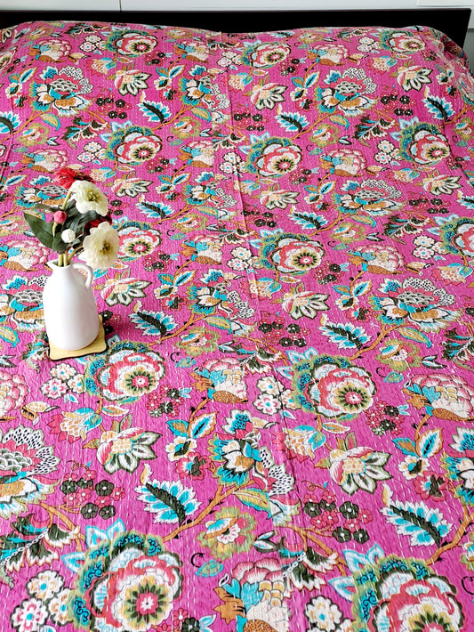 PINK KANTHA COTTON DOUBLE BED COVER