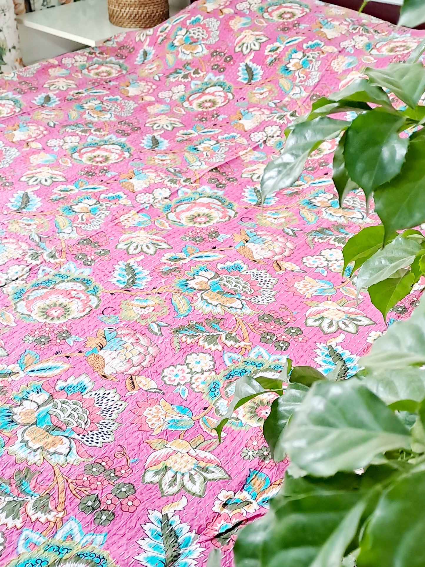 PINK KANTHA COTTON DOUBLE BED COVER