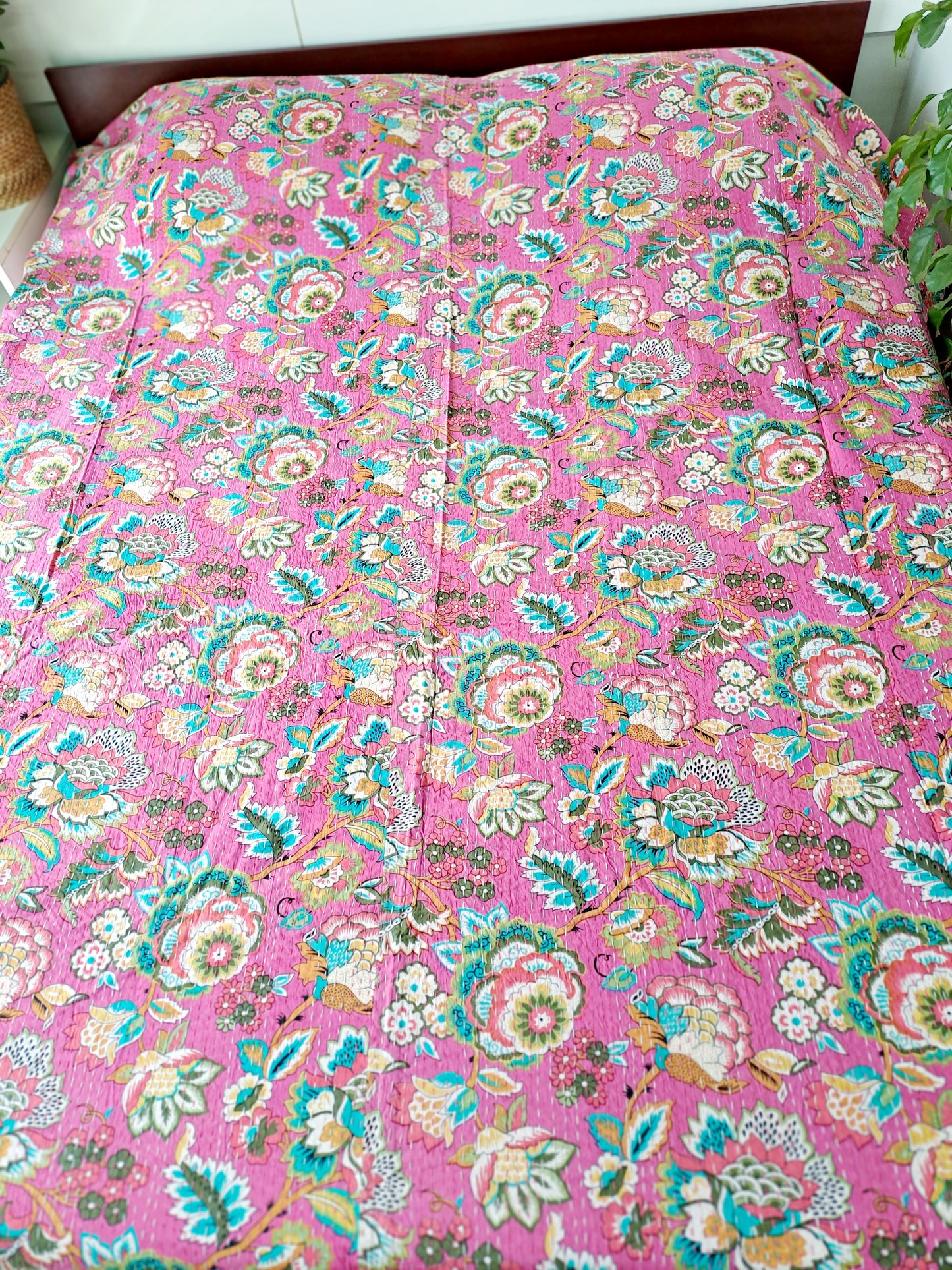 PINK KANTHA COTTON DOUBLE BED COVER
