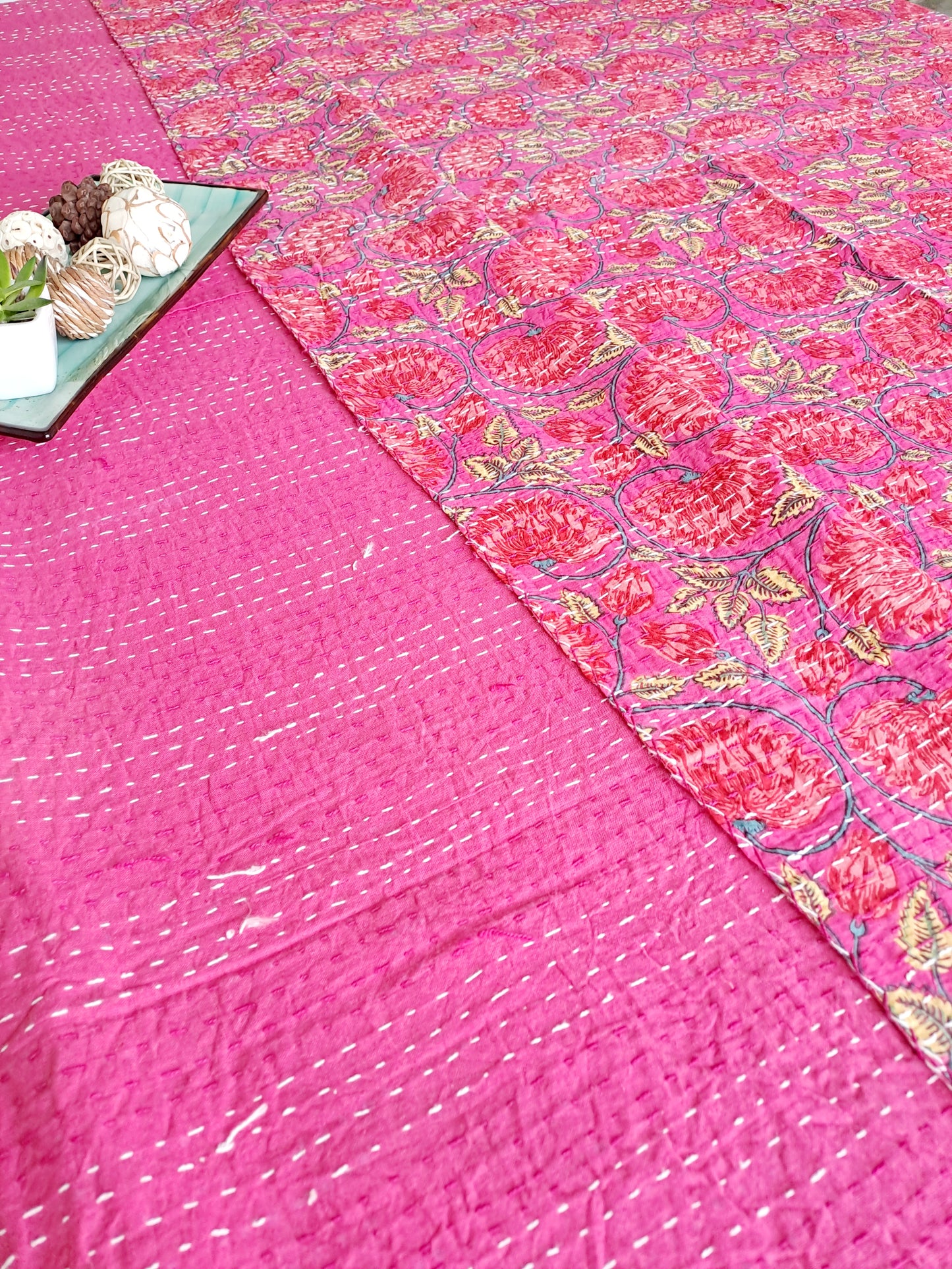 RED KANTHA COTTON DOUBLE BED COVER