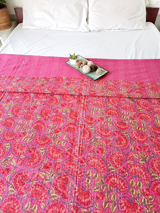 RED KANTHA COTTON DOUBLE BED COVER