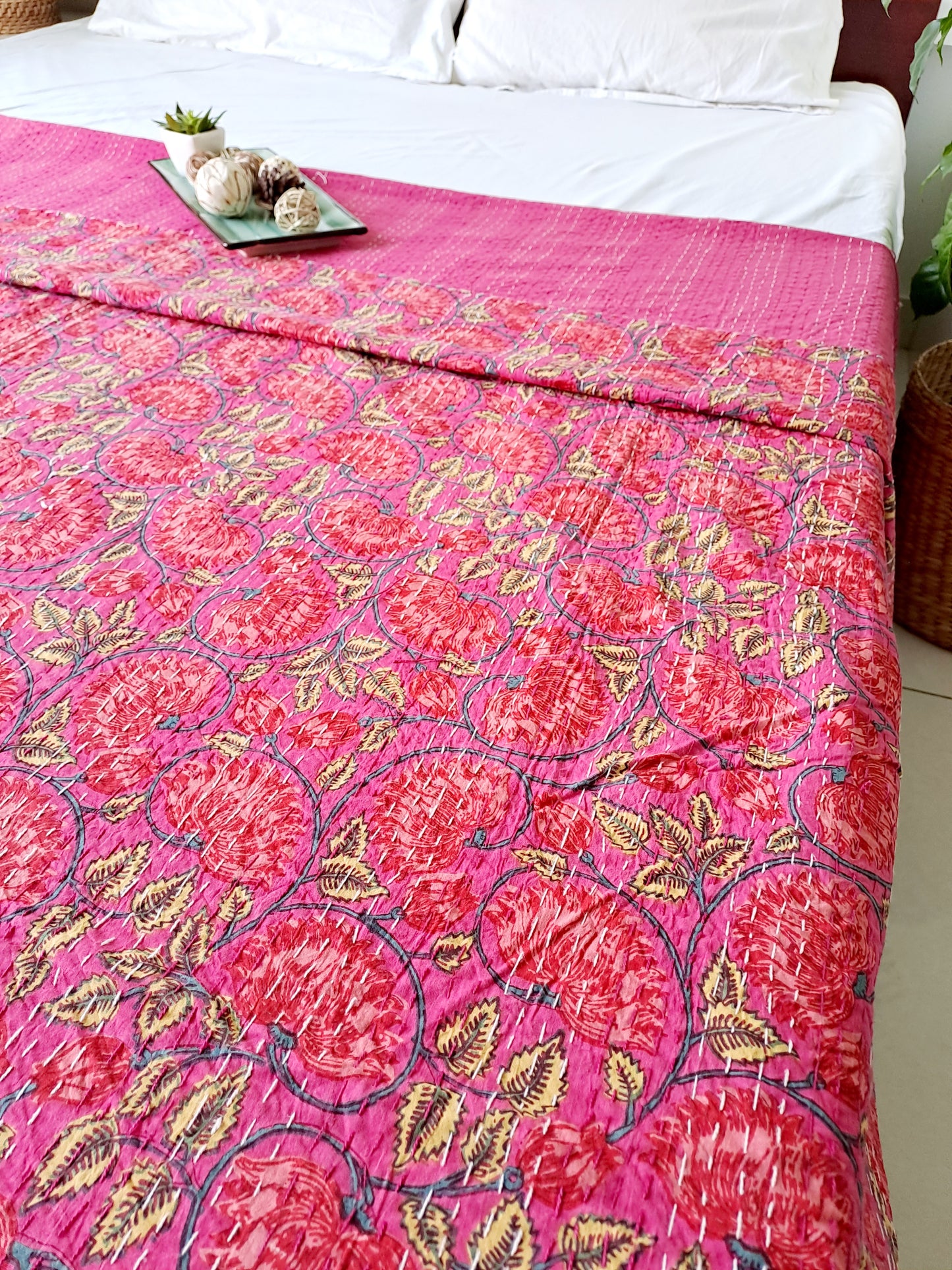 RED KANTHA COTTON DOUBLE BED COVER