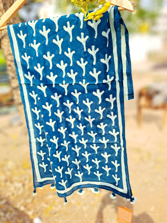 MULMUL COTTON BLOCK PRINT BLUE STOLE