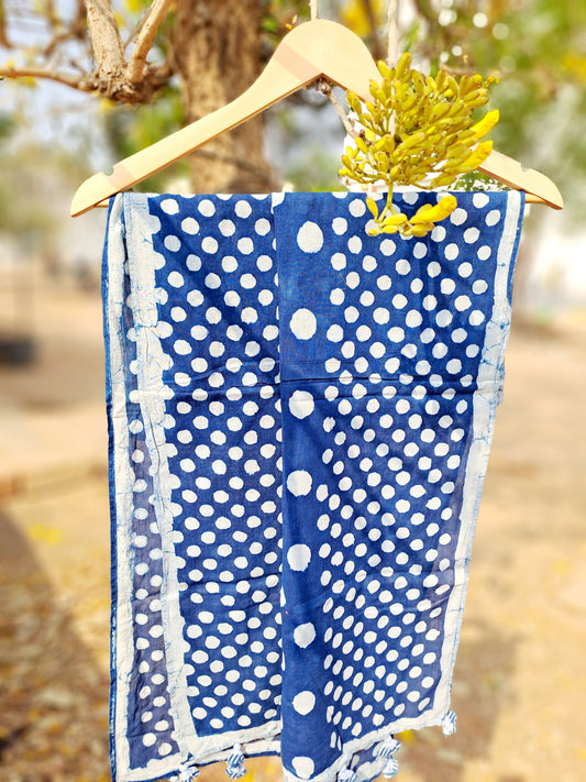 MULMUL COTTON BLOCK PRINT BLUE STOLE