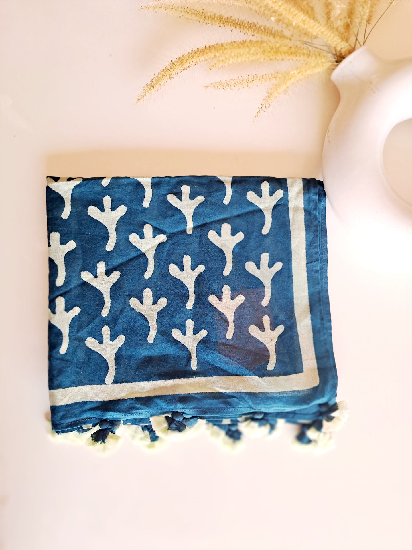 MULMUL COTTON BLOCK PRINT BLUE STOLE