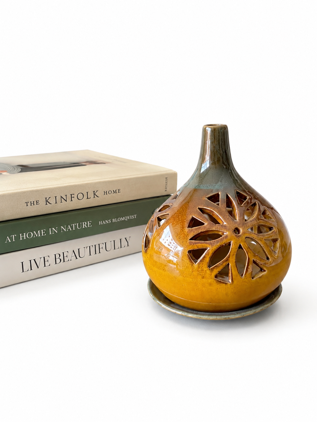MUSTARD AND GREEN CONICAL CERAMIC T-LIGHT HOLDER