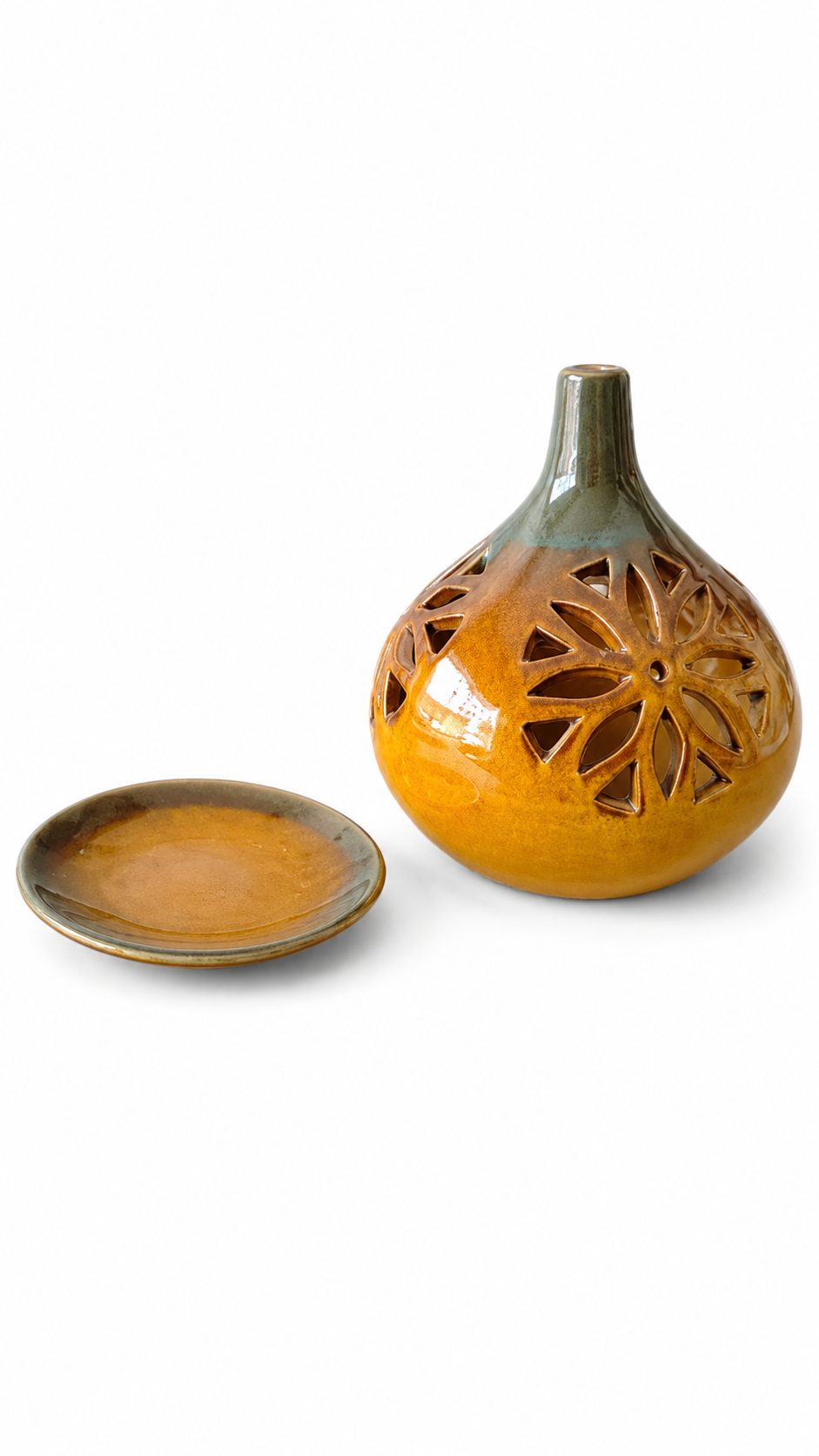 MUSTARD AND GREEN CONICAL CERAMIC T-LIGHT HOLDER