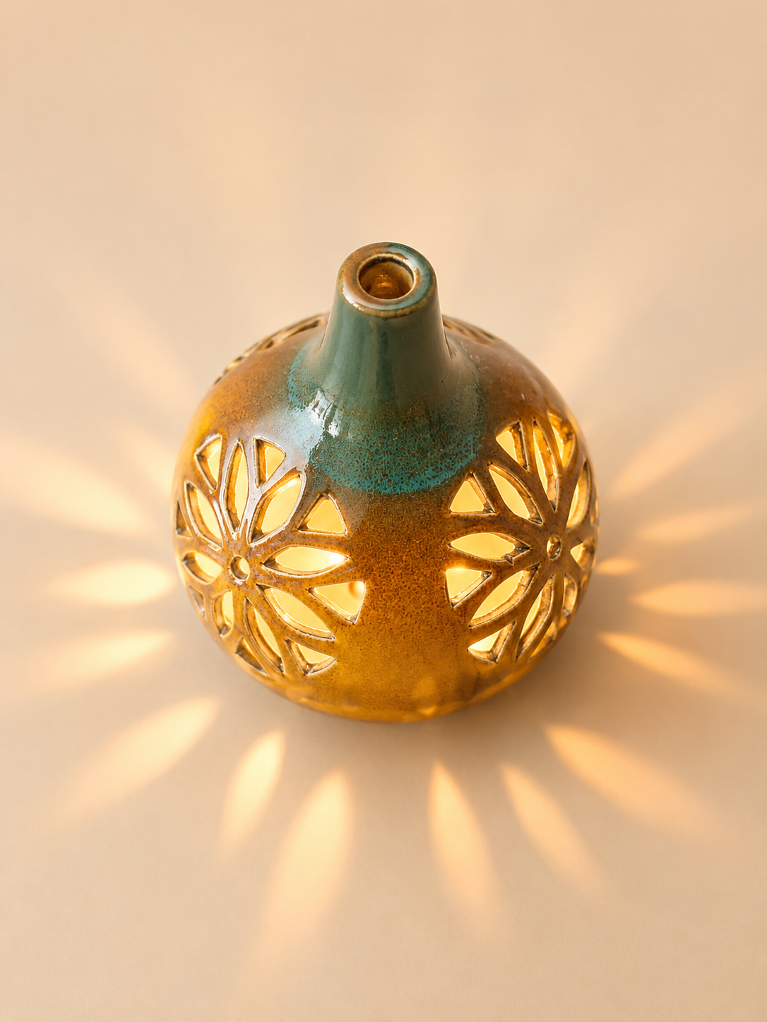 MUSTARD AND GREEN CONICAL CERAMIC T-LIGHT HOLDER