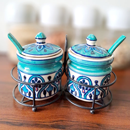 HAND PAINTED CERAMIC POT / JAR SET OF 2