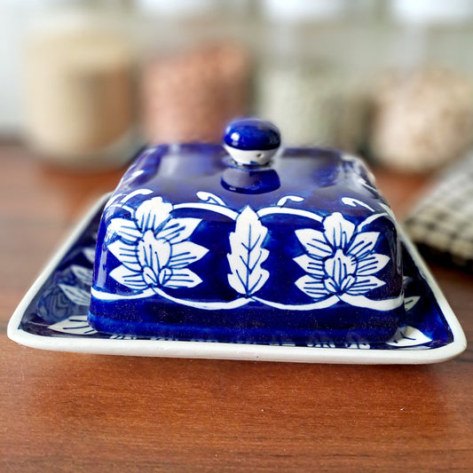 HAND PAINTED ROYAL BLUE CERAMIC / POTTERY BUTTER DISH