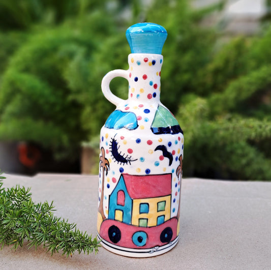 CERAMIC ART HAND PAINTED HUT DESIGN OIL DISPENSER