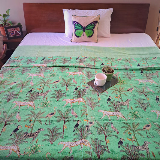 GREEN KANTHA COTTON BED COVER
