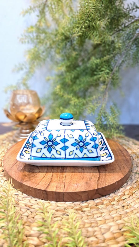 HAND PAINTED BLUE CERAMIC / POTTERY BUTTER DISH