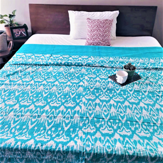 BLUE KANTHA COTTON DOUBLE BED COVER